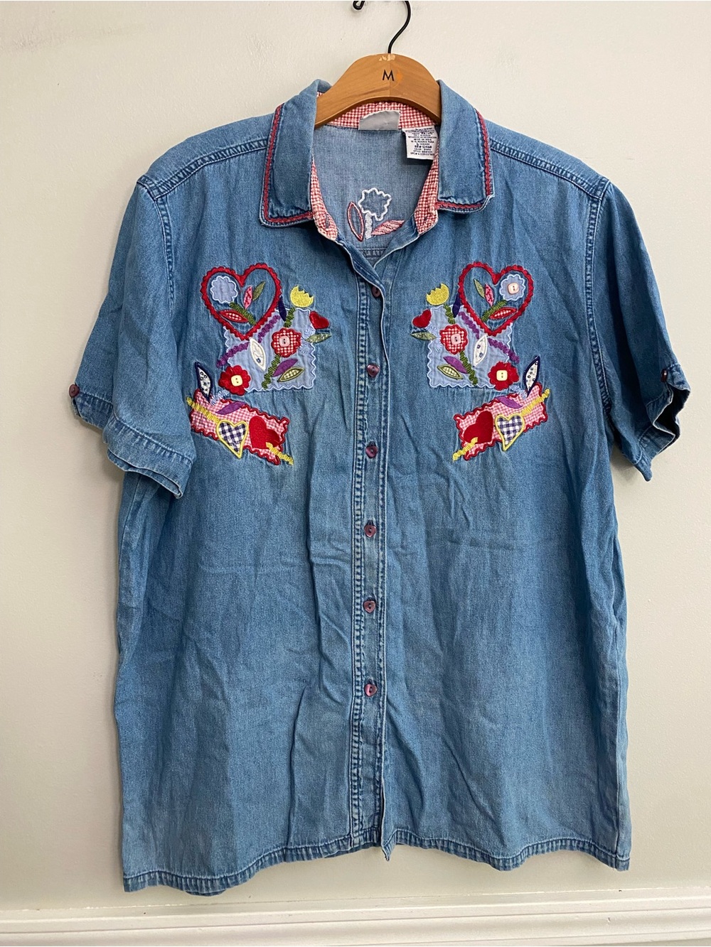 Vintage Women’s Chambray Embroidered Heart Short Sleeve - 18W